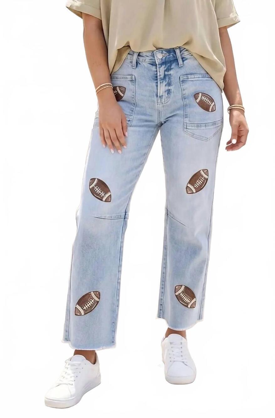 NEW 1 THE WOMAN game day sequin patchwork high waist shift jeans in blue